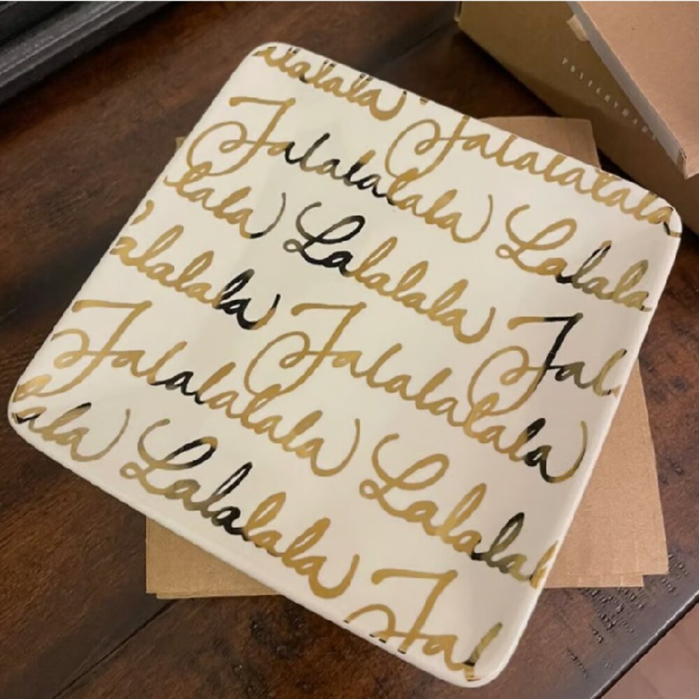 NEW S4 Pottery Barn Fa La La Appetizer Plates Gold Holiday Stoneware Snack Plate